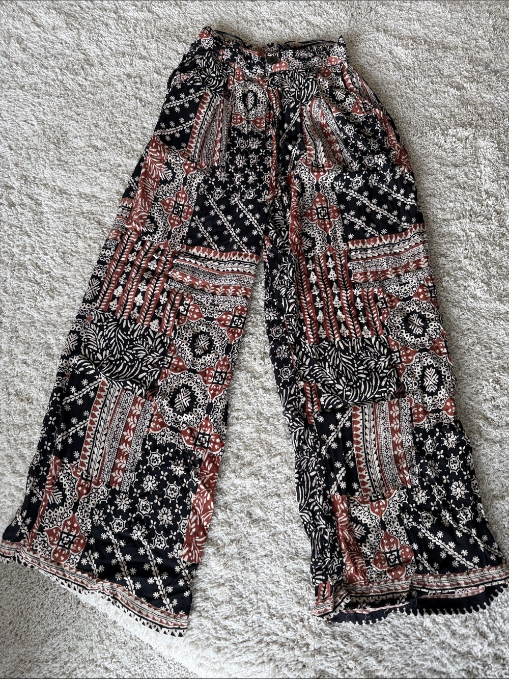 Angie Wide Leg Patchwork Print Pants in Black and Rust